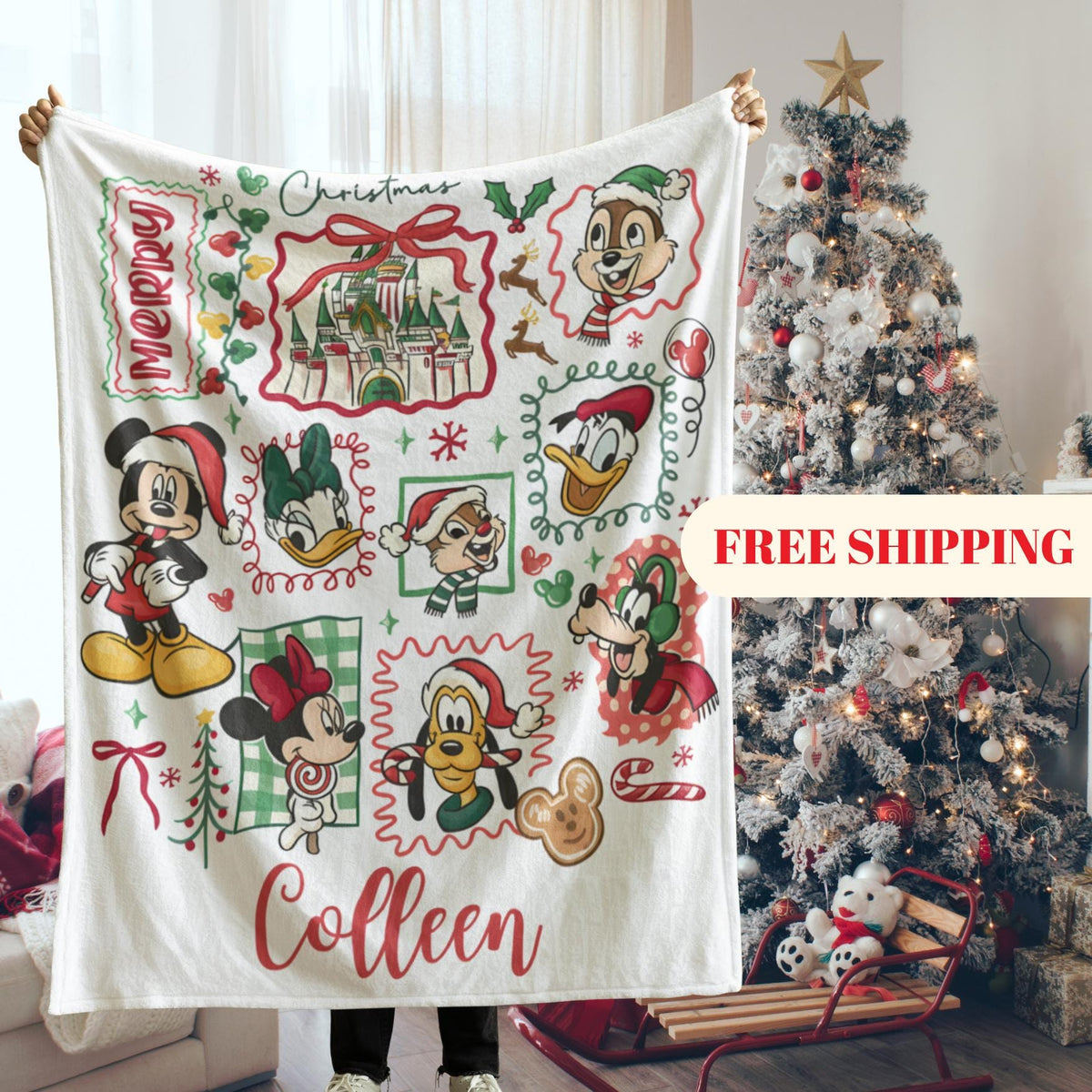 Mickey and friends Christmas Blanket Family, Mickey Christmas Gift, Family Name Blanket for Xmas, Disney Home Decor, Disney Christmas Gift