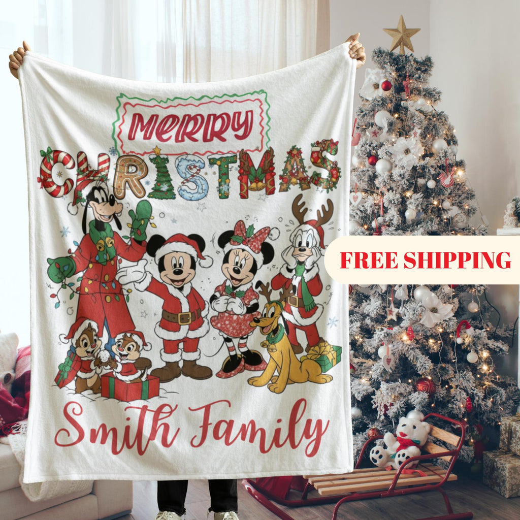 Mickey and friends Christmas Blanket Family, Mickey Christmas Gift, Family Name Blanket for Xmas, Disney Home Decor, Disney Christmas Gift