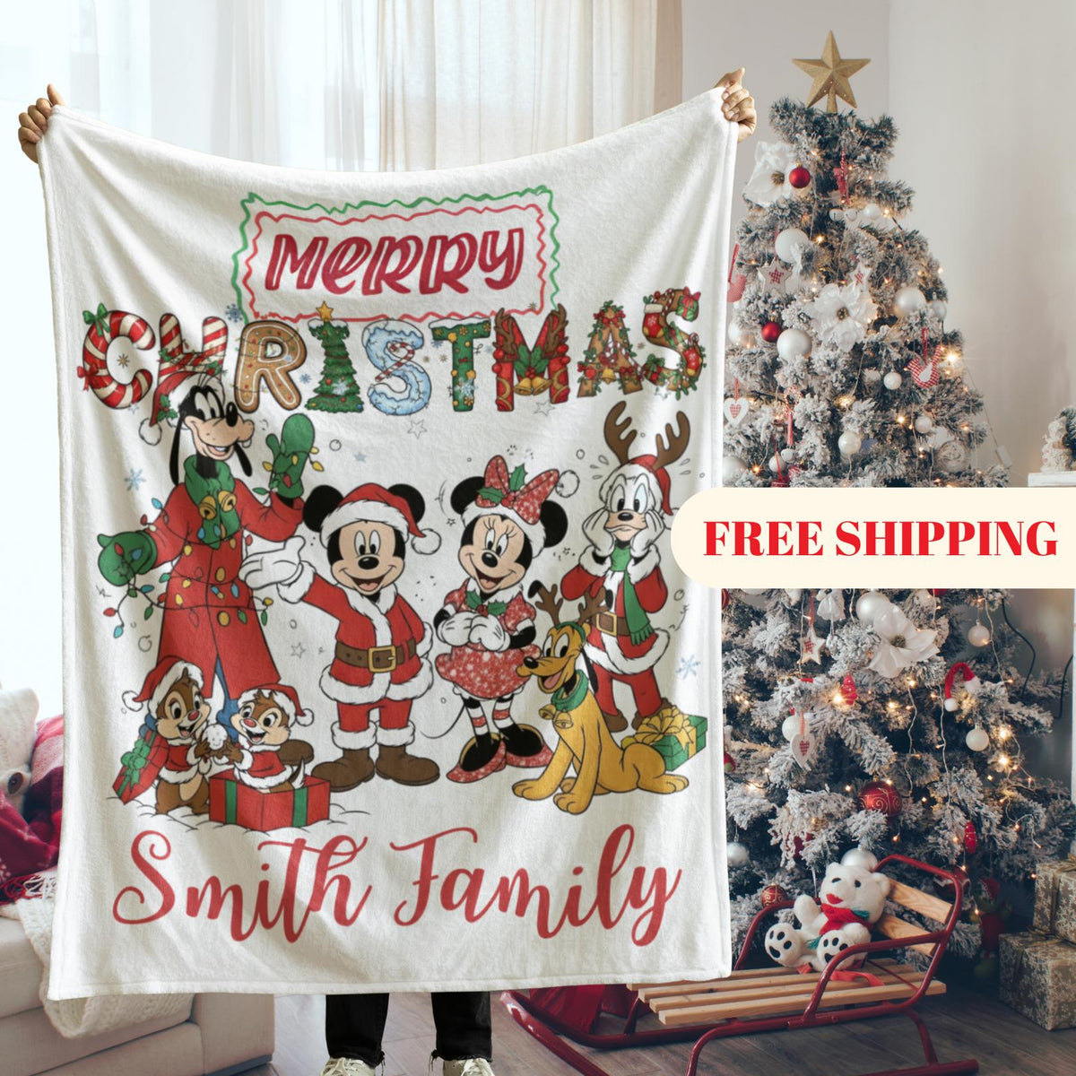 Mickey and friends Christmas Blanket Family, Mickey Christmas Gift, Family Name Blanket for Xmas, Disney Home Decor, Disney Christmas Gift