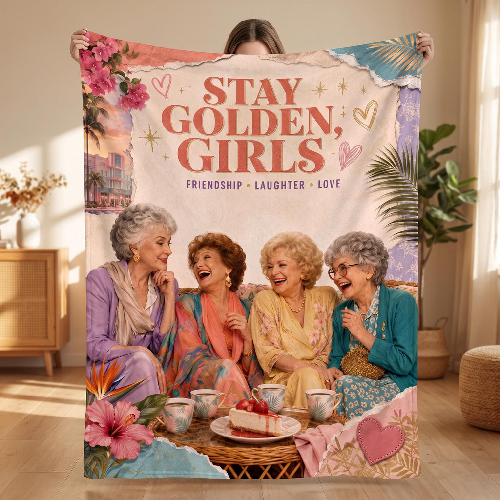 Personalized Stay Golden Retro Friendship Throw,Bedding, 80s Nostalgia Room Decor, Miami Vibe Blanket BFF Gift