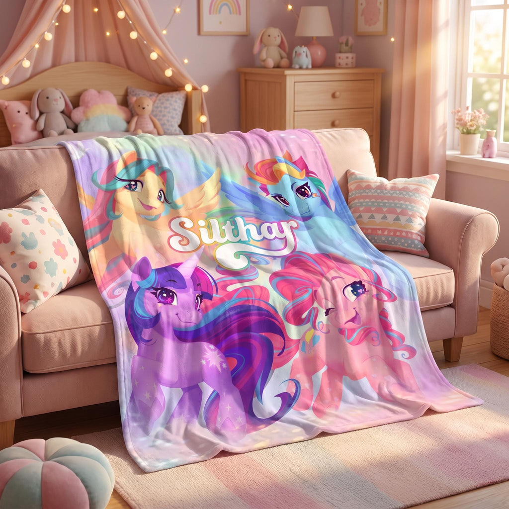 Personalized Unicorn Blanket for Girls, Custom Pastel Pegasus Throw, Magical Nursery Bedding, Rainbow Kids Room Decor