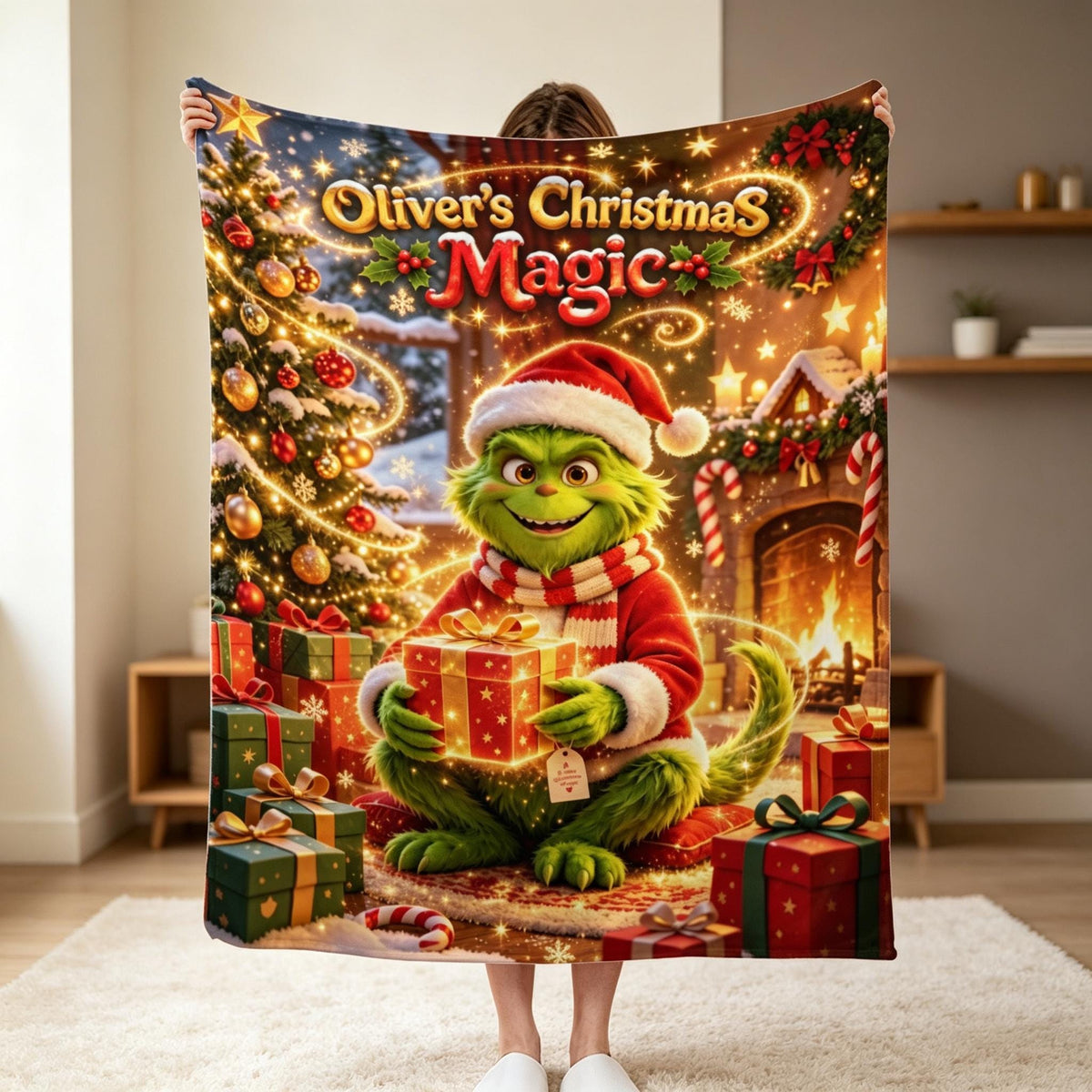 Personalized Green Christmas Monster Blanket, Custom Name Holiday Throw Blanket, Cute Christmas Gift, Kids Winter Decor