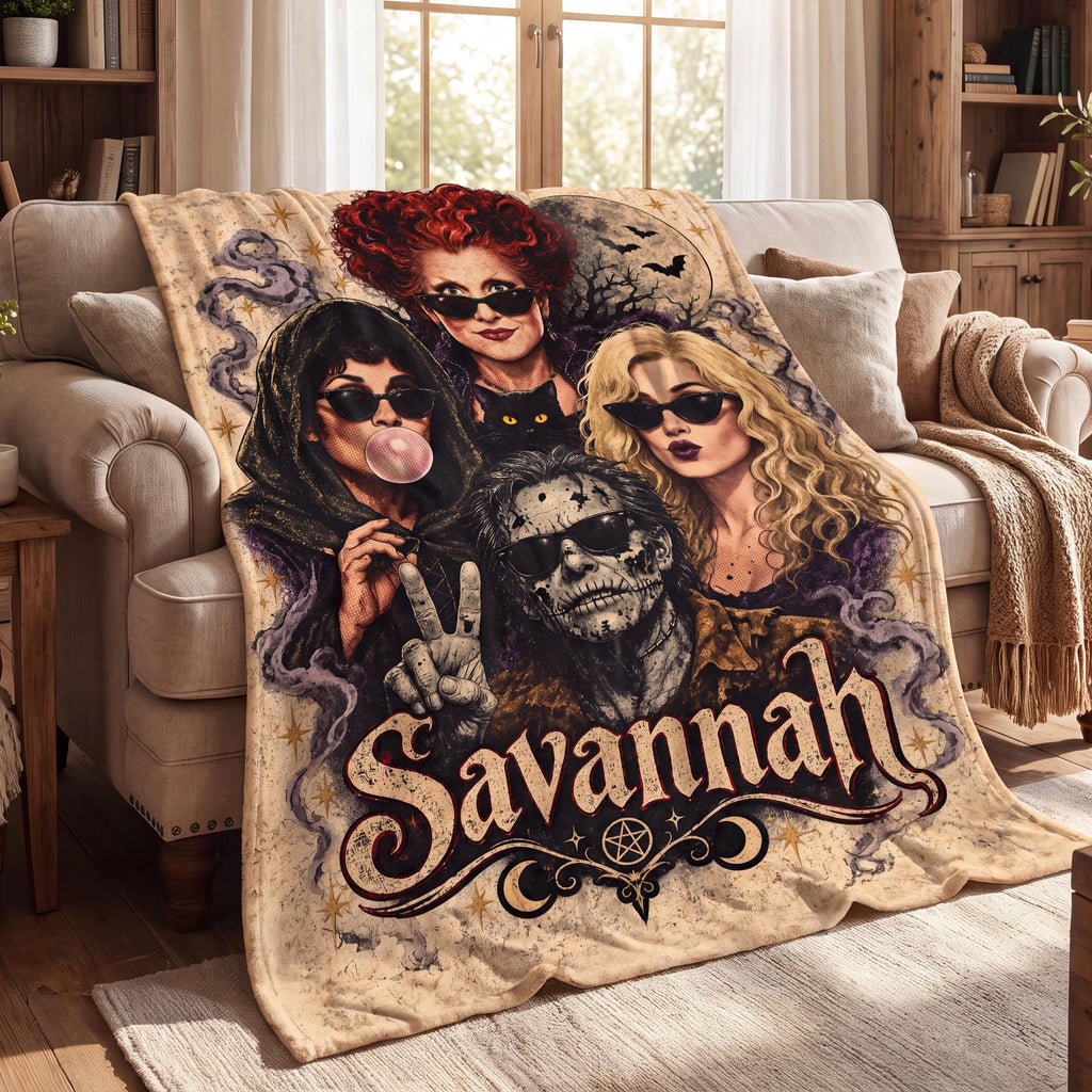 Personalized Witch Blanket, Custom Name Halloween Throw, Spooky Season Decor, Salem Sisters Gift for Her, Trendy Witchy Fall Bedding