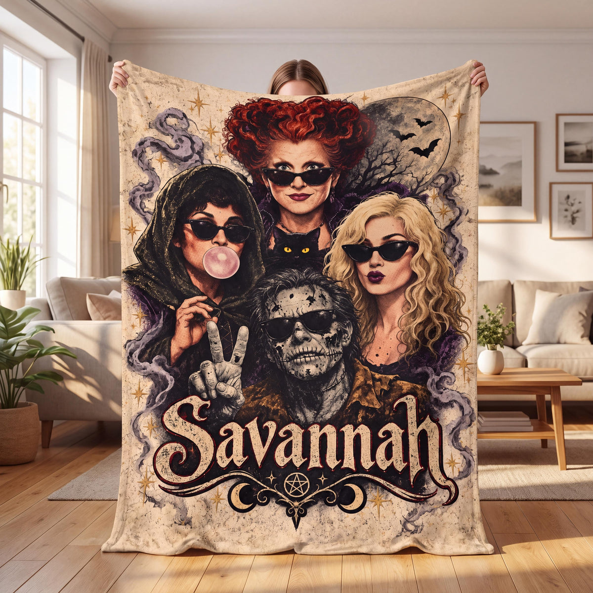 Personalized Witch Blanket, Custom Name Halloween Throw, Spooky Season Decor, Salem Sisters Gift for Her, Trendy Witchy Fall Bedding