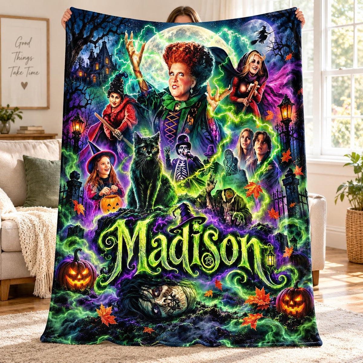 Personalized Witch Blanket, Custom Name Flannel Throw, Halloween Spooky Decor, Salem Sisters Gift, Autumn Movie Night Gift, Fall Throw