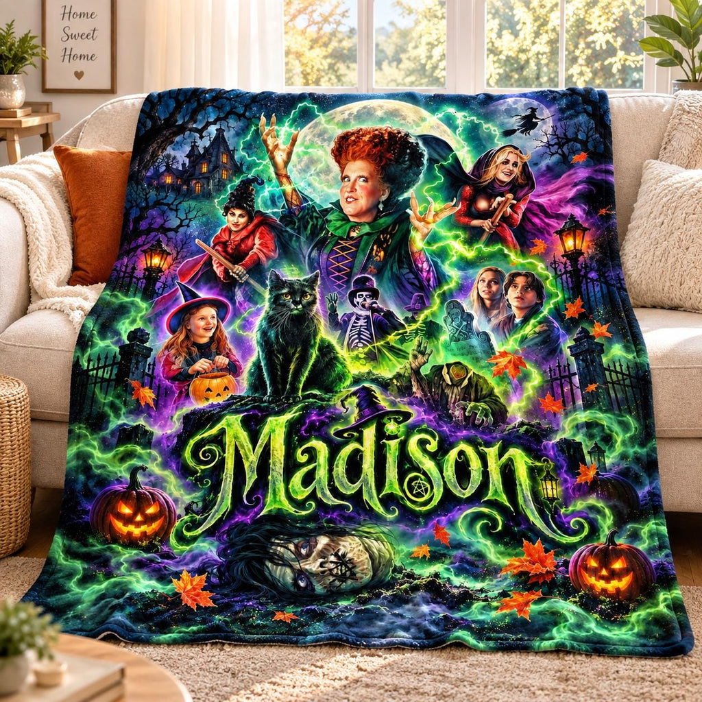 Personalized Witch Blanket, Custom Name Flannel Throw, Halloween Spooky Decor, Salem Sisters Gift, Autumn Movie Night Gift, Fall Throw