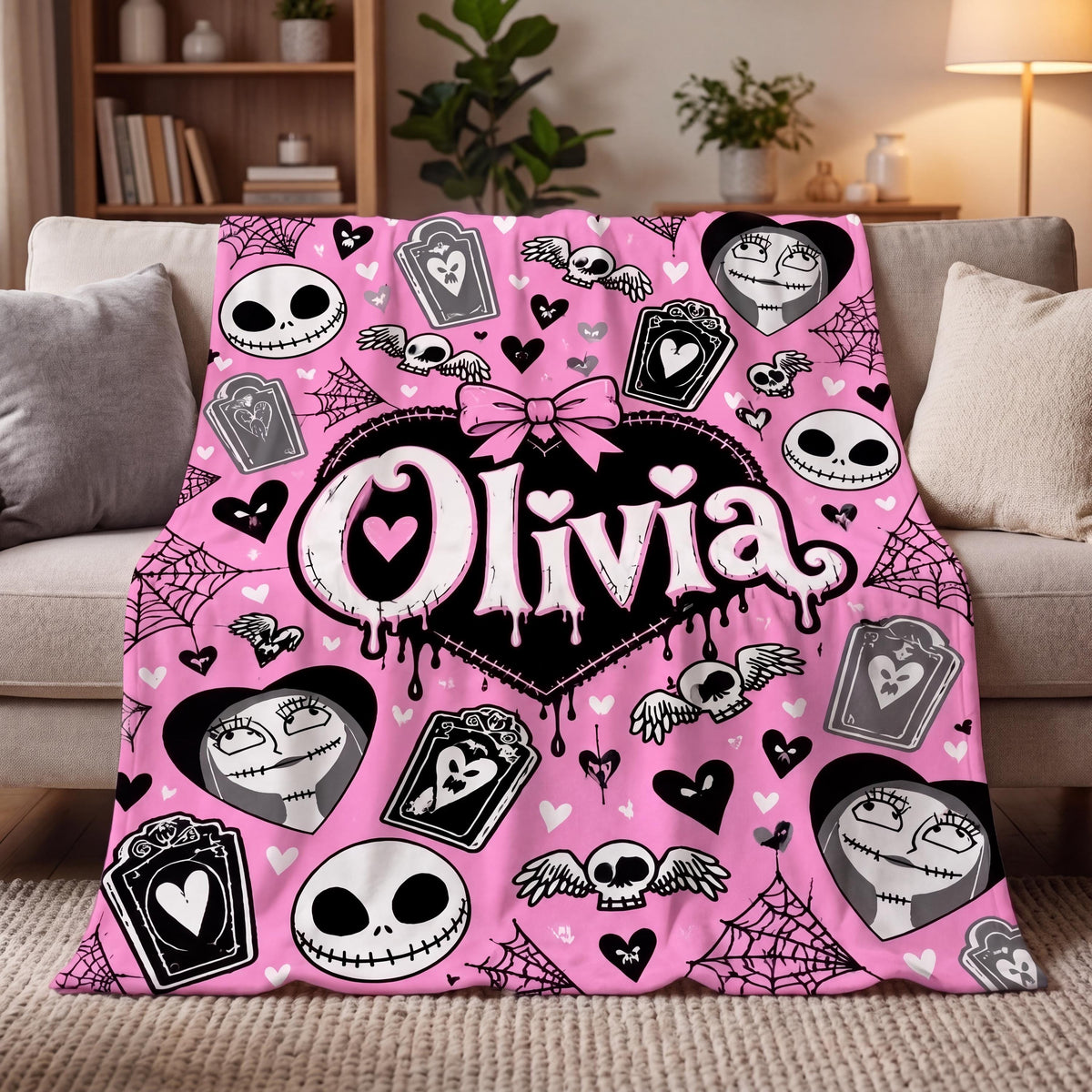 Spooky Skeleton King Blanket, Personalized Pastel Goth Throw, Gothic Halloween Town Bedding, Creepy Cute Room Decor