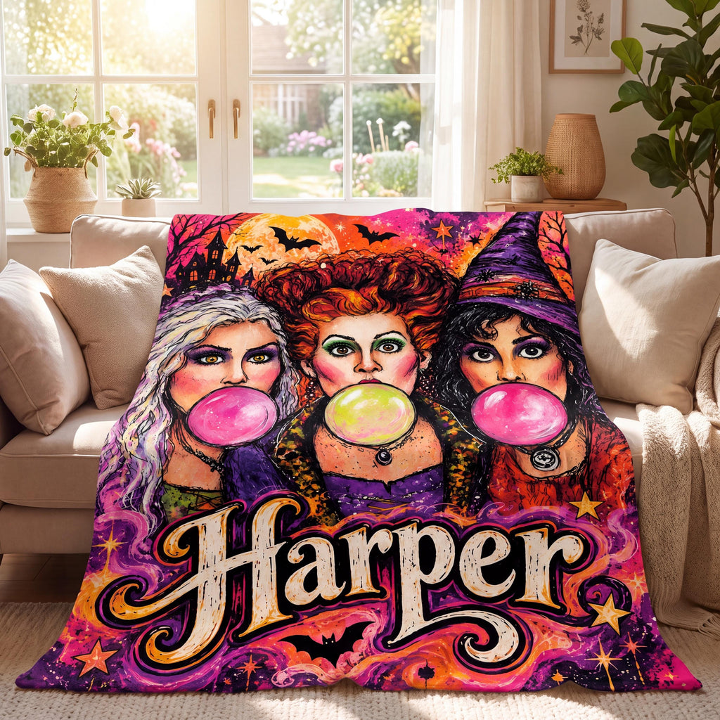 Personalized Witch Sisters Flannel Blanket, Custom Name Halloween Throw, Spooky Fall Decor, Bubblegum Witches Nostalgic Movie Fan Gift