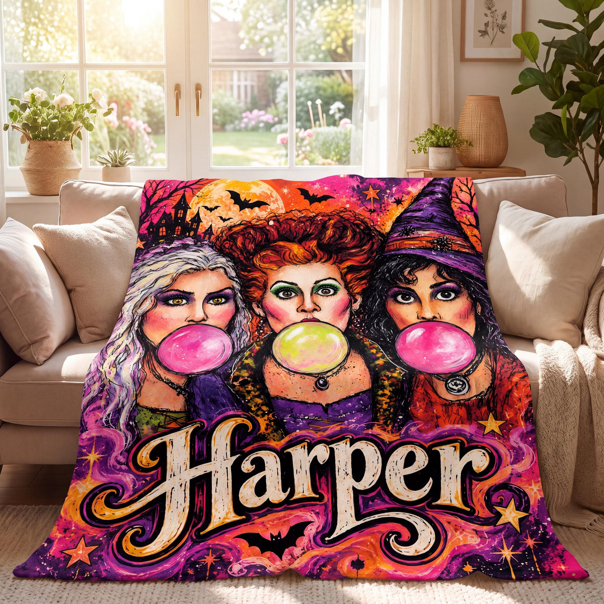 Personalized Witch Sisters Flannel Blanket, Custom Name Halloween Throw, Spooky Fall Decor, Bubblegum Witches Nostalgic Movie Fan Gift