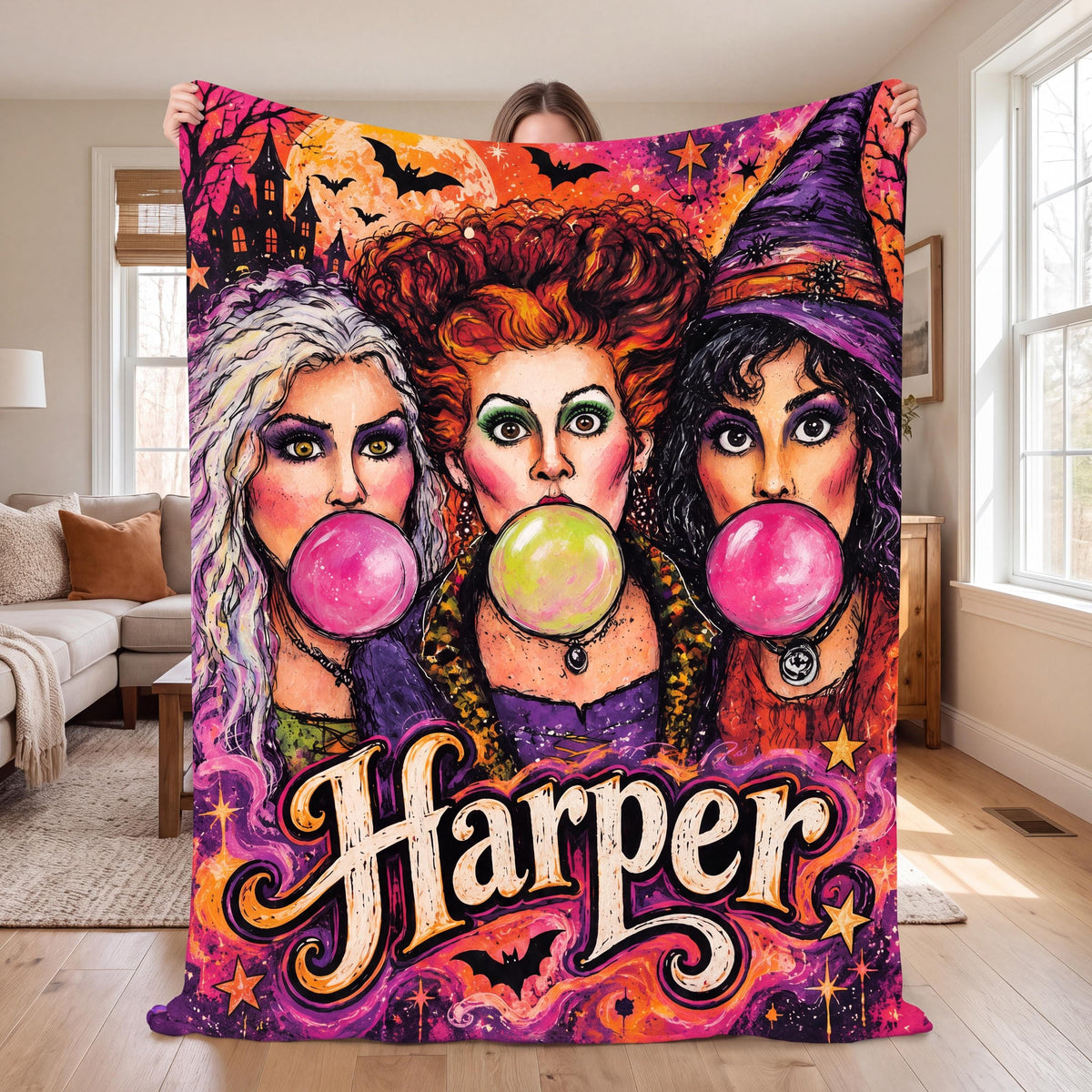 Personalized Witch Sisters Flannel Blanket, Custom Name Halloween Throw, Spooky Fall Decor, Bubblegum Witches Nostalgic Movie Fan Gift