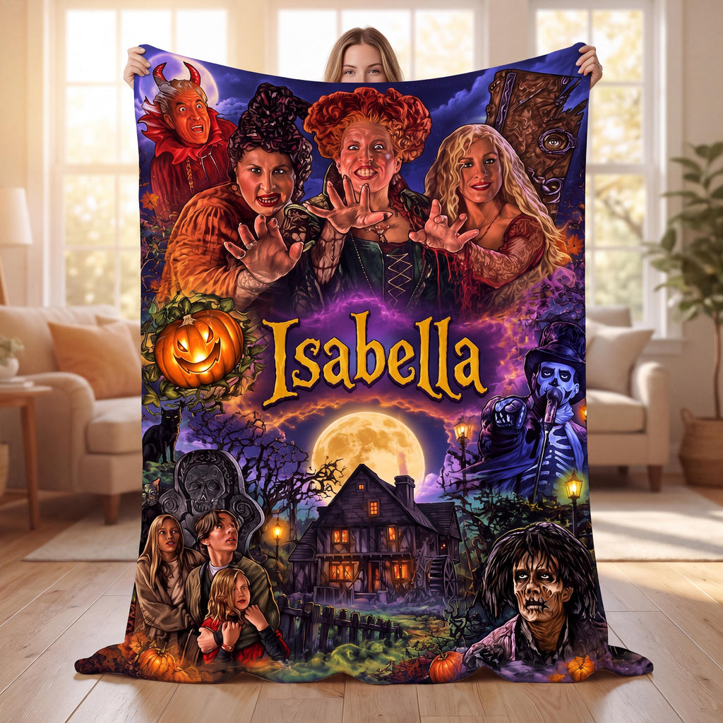 Personalized Halloween Blanket Custom Witch Throw, Spooky Season Salem Decor, Cozy Custom Name Flannel, Fall Movie Fan Gift for Women Teens