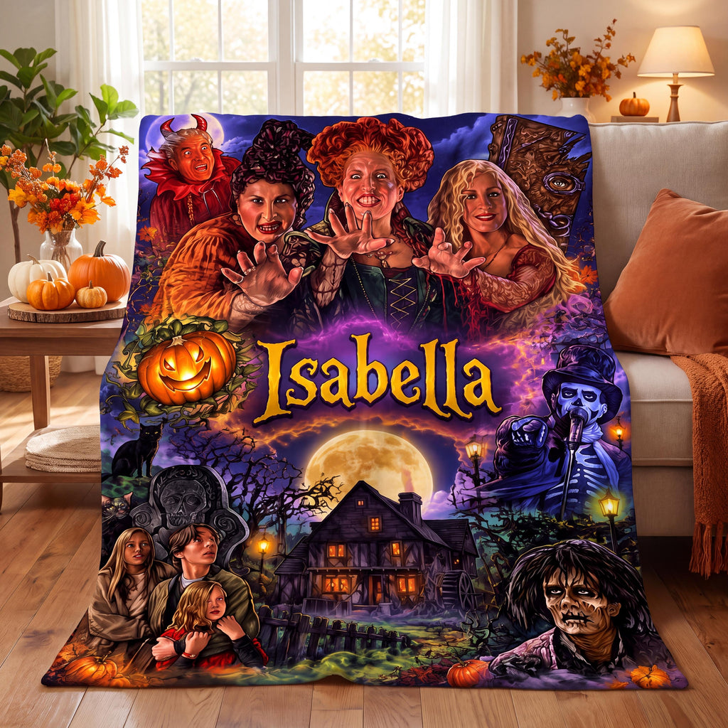 Personalized Halloween Blanket Custom Witch Throw, Spooky Season Salem Decor, Cozy Custom Name Flannel, Fall Movie Fan Gift for Women Teens