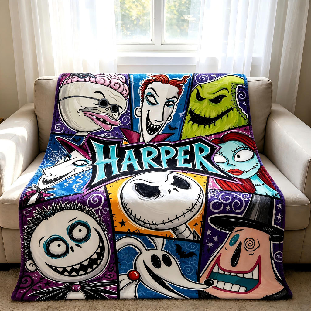Personalized Flannel Blanket Custom Name Spooky Halloween Town Throw Jack and Sally Kids Bedding Gothic Christmas Gift for Movie Fans