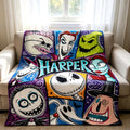 Personalized Flannel Blanket Custom Name Spooky Halloween Town Throw Jack and Sally Kids Bedding Gothic Christmas Gift for Movie Fans