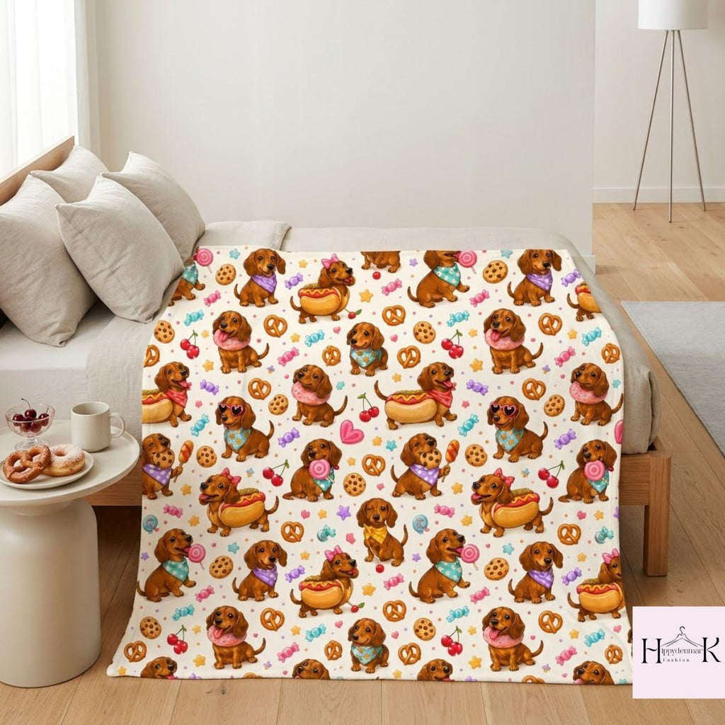 Cute Dachshund Fleece Blanket, Wiener Dog Candy and Snack Pattern, Kawaii Puppy Bedroom Decor, Cozy Gift for Dog Lovers
