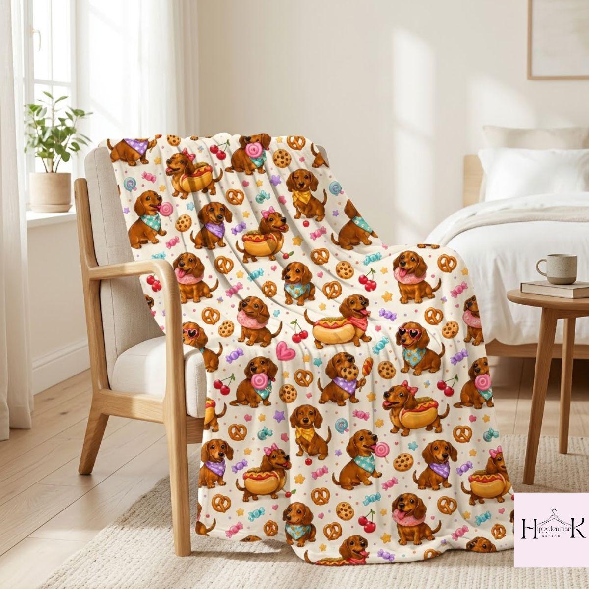 Cute Dachshund Fleece Blanket, Wiener Dog Candy and Snack Pattern, Kawaii Puppy Bedroom Decor, Cozy Gift for Dog Lovers