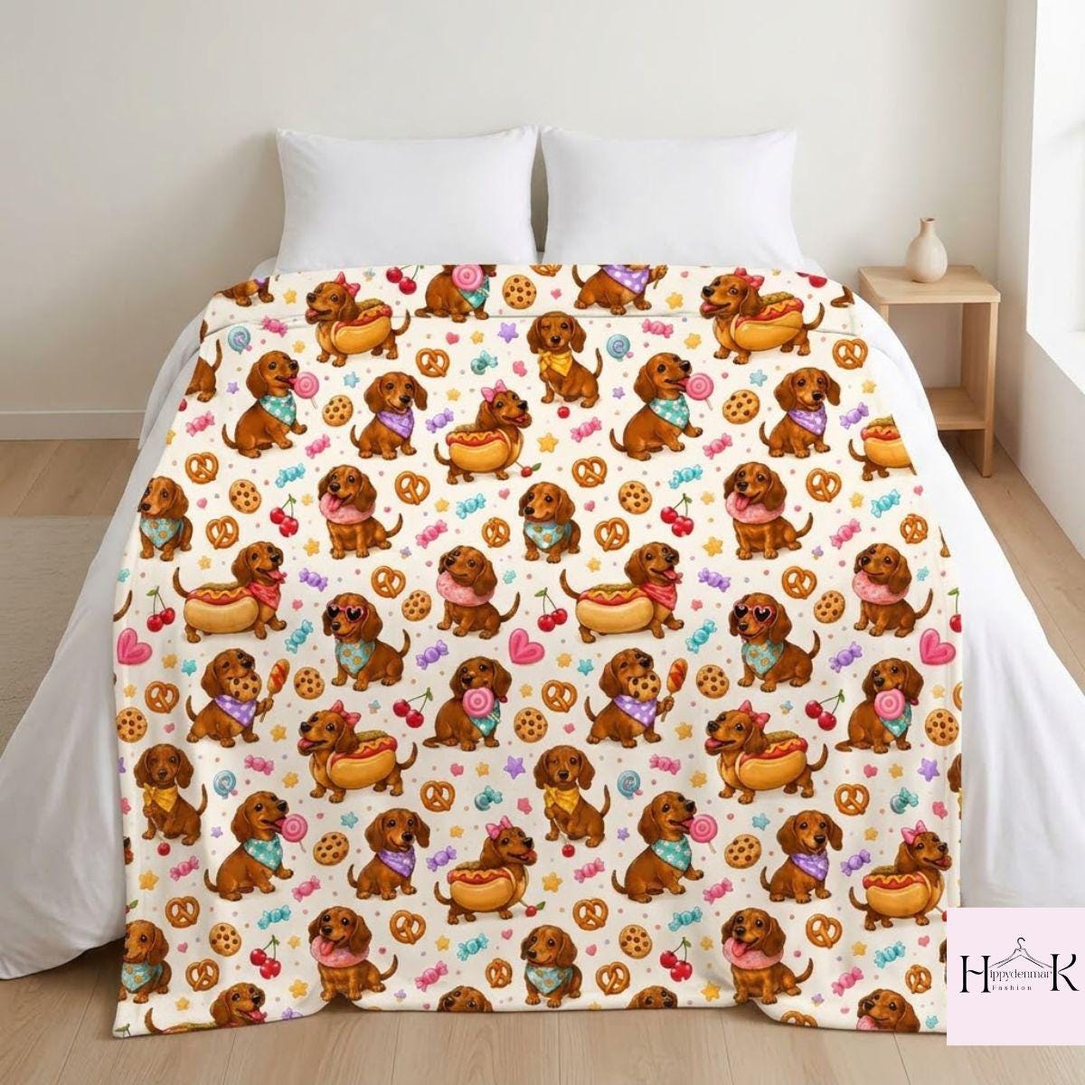 Cute Dachshund Fleece Blanket, Wiener Dog Candy and Snack Pattern, Kawaii Puppy Bedroom Decor, Cozy Gift for Dog Lovers