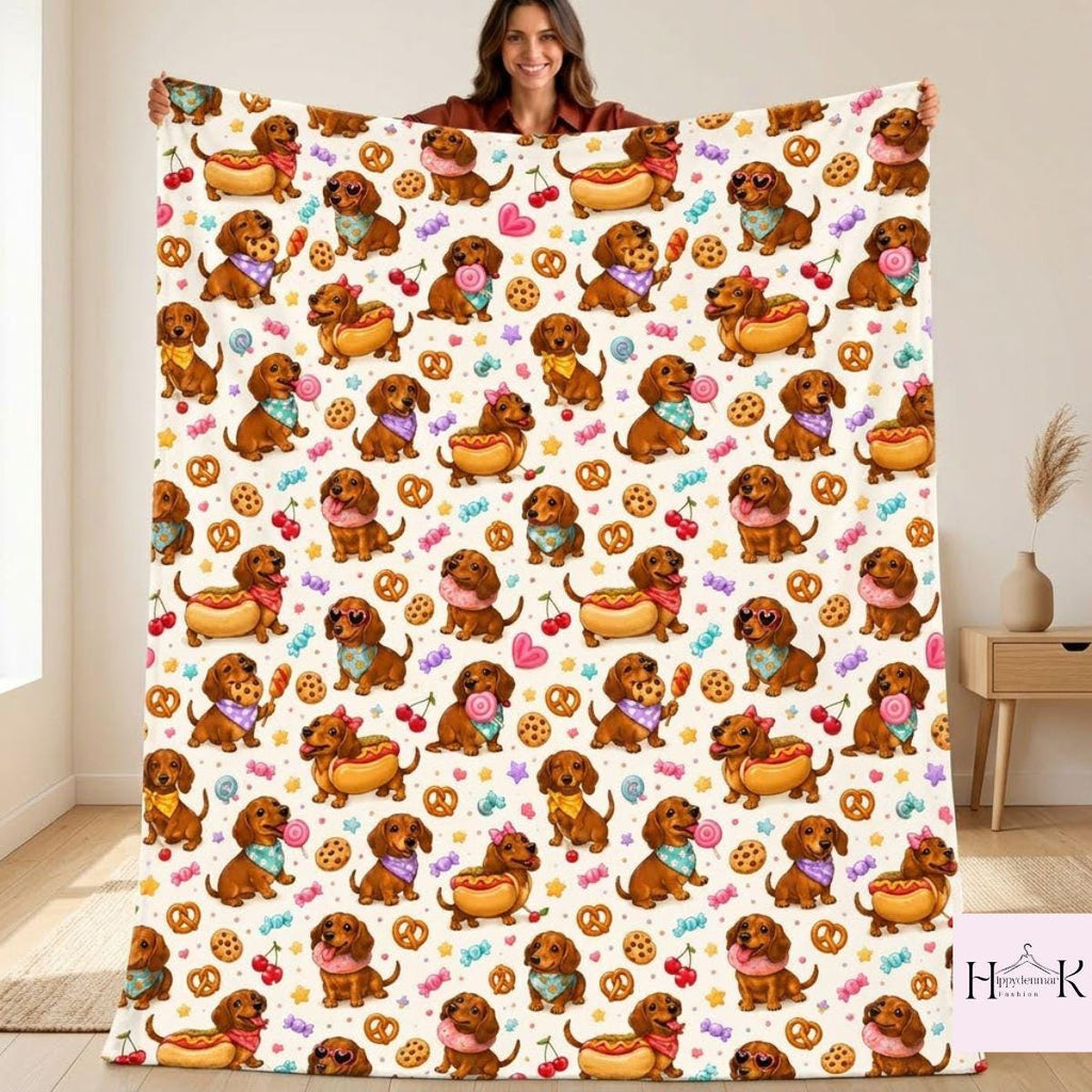Cute Dachshund Fleece Blanket, Wiener Dog Candy and Snack Pattern, Kawaii Puppy Bedroom Decor, Cozy Gift for Dog Lovers