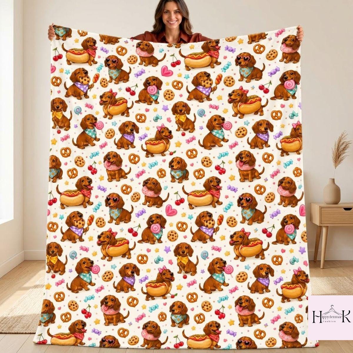 Cute Dachshund Fleece Blanket, Wiener Dog Candy and Snack Pattern, Kawaii Puppy Bedroom Decor, Cozy Gift for Dog Lovers