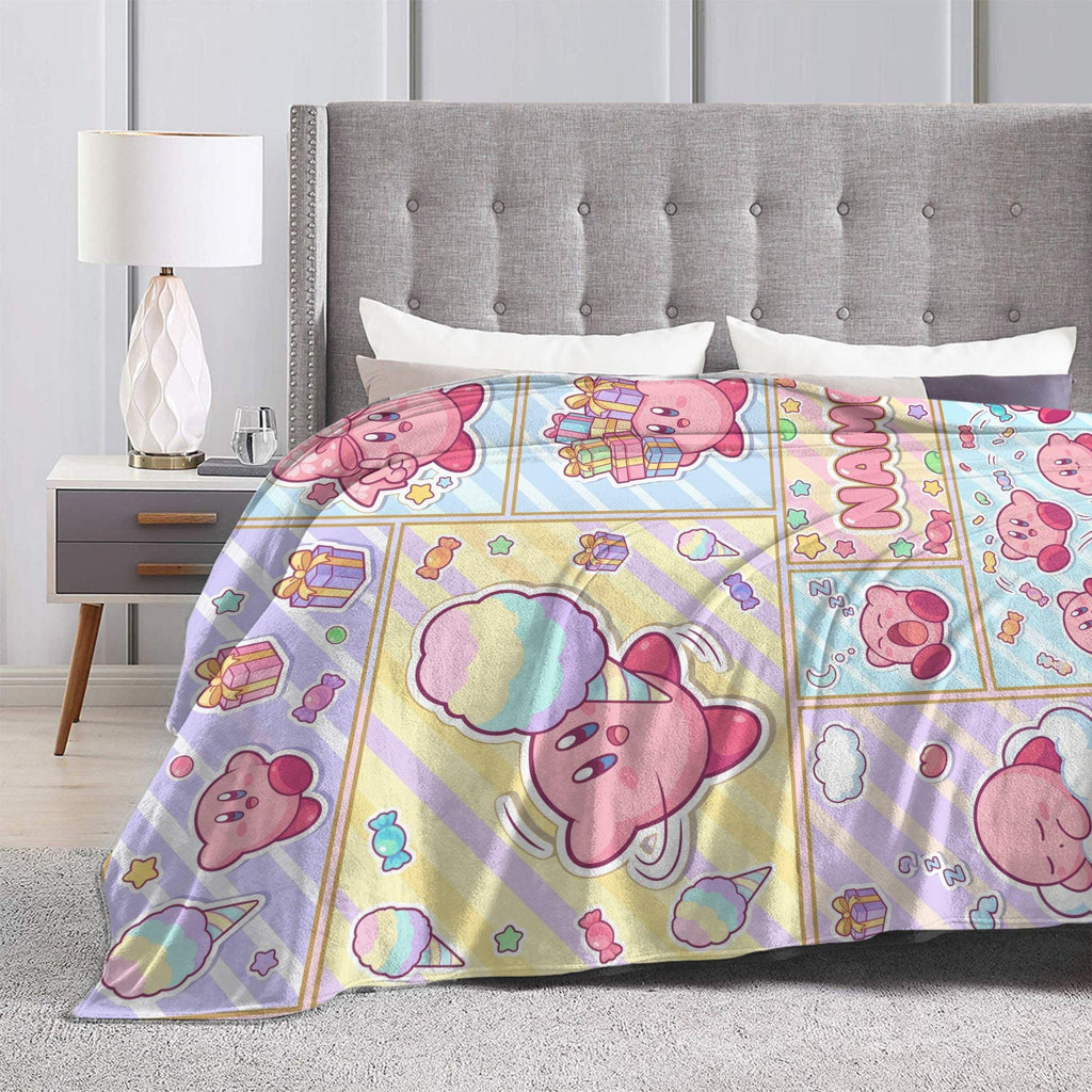 Custom Name Kirby Blanket, Comic Strip Fleece Throw, Gamer Girl Gift, Personalized Anime Birthday Christmas Gift for Kids Teens Girlfriend