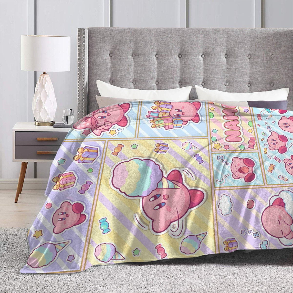 Custom Name Kirby Blanket, Comic Strip Fleece Throw, Gamer Girl Gift, Personalized Anime Birthday Christmas Gift for Kids Teens Girlfriend