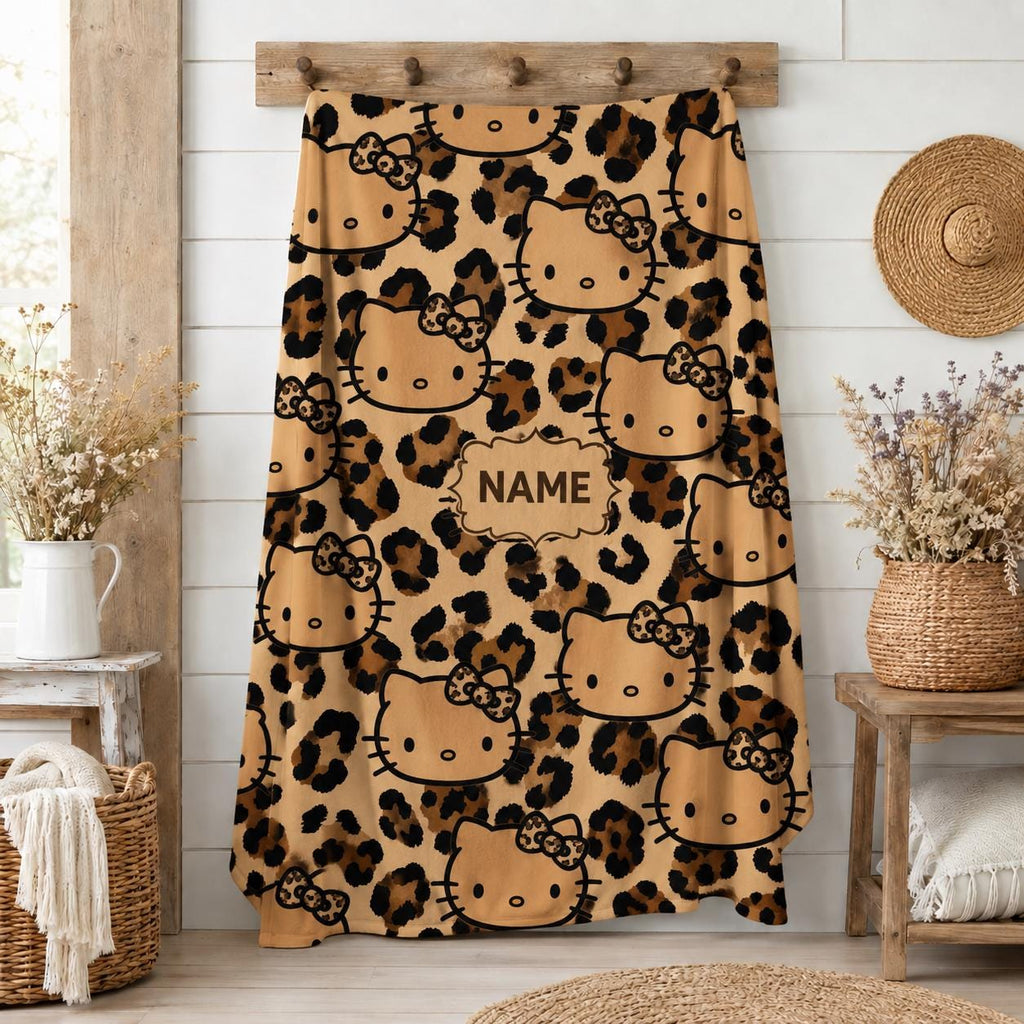 Custom Name Leopard Print Throw Blanket, Soft Polyester Room Decor
