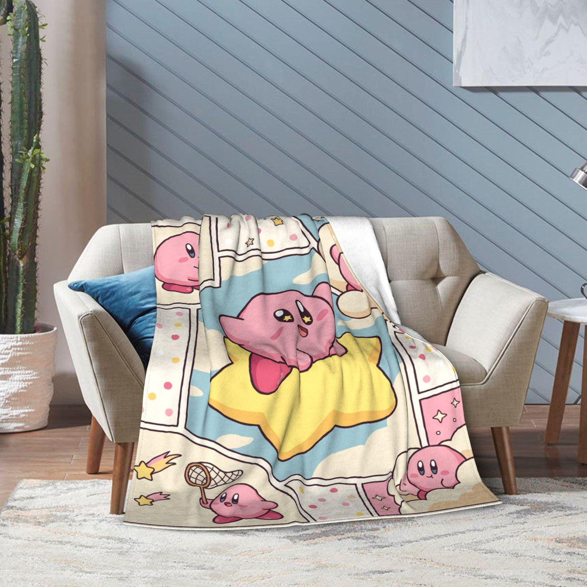 Custom Name Kirby Blanket, Warp Star Comic Throw, Gamer Girl Gift, Personalized Anime Birthday Christmas Gift for Kids Teens Boyfriend