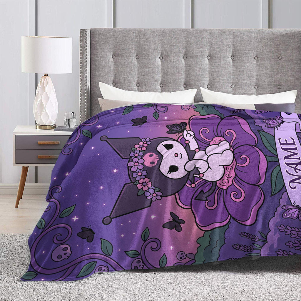 Personalized Kuromi Fairy Blanket, Custom Blossom Floral Throw, Cute Anime Bedding, Soft Flannel Fleece, Birthday Gift for Teen Girls