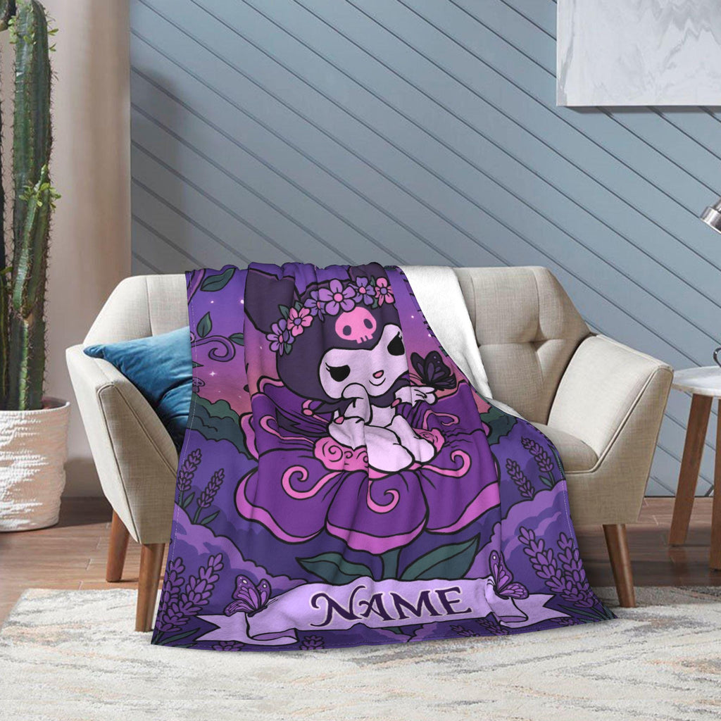 Personalized Kuromi Fairy Blanket, Custom Blossom Floral Throw, Cute Anime Bedding, Soft Flannel Fleece, Birthday Gift for Teen Girls