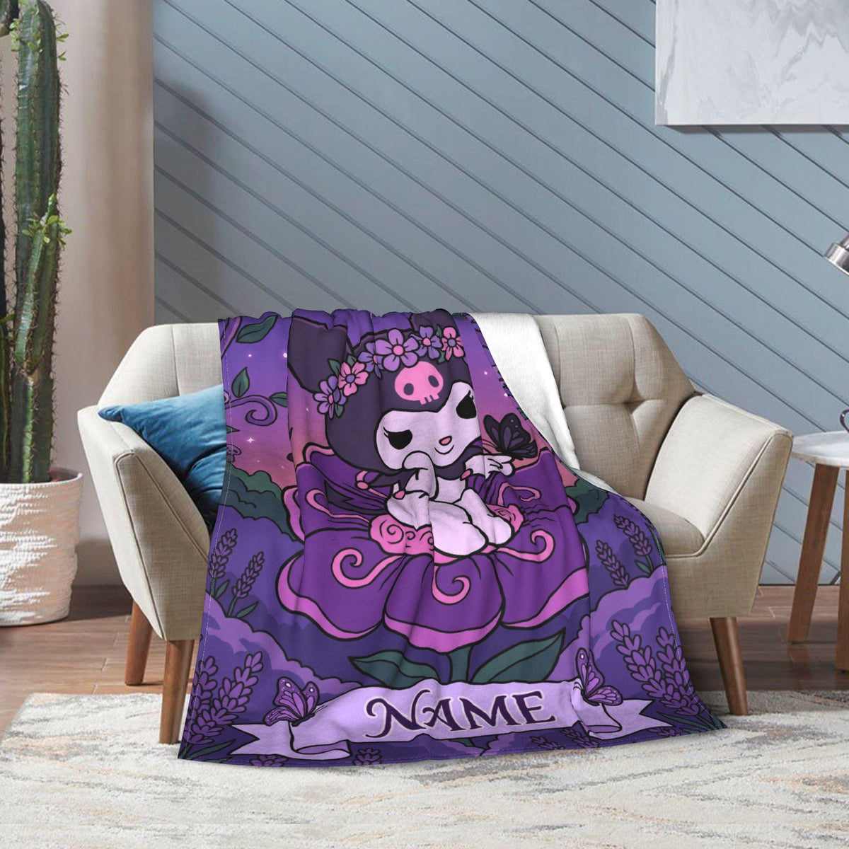 Personalized Kuromi Fairy Blanket, Custom Blossom Floral Throw, Cute Anime Bedding, Soft Flannel Fleece, Birthday Gift for Teen Girls