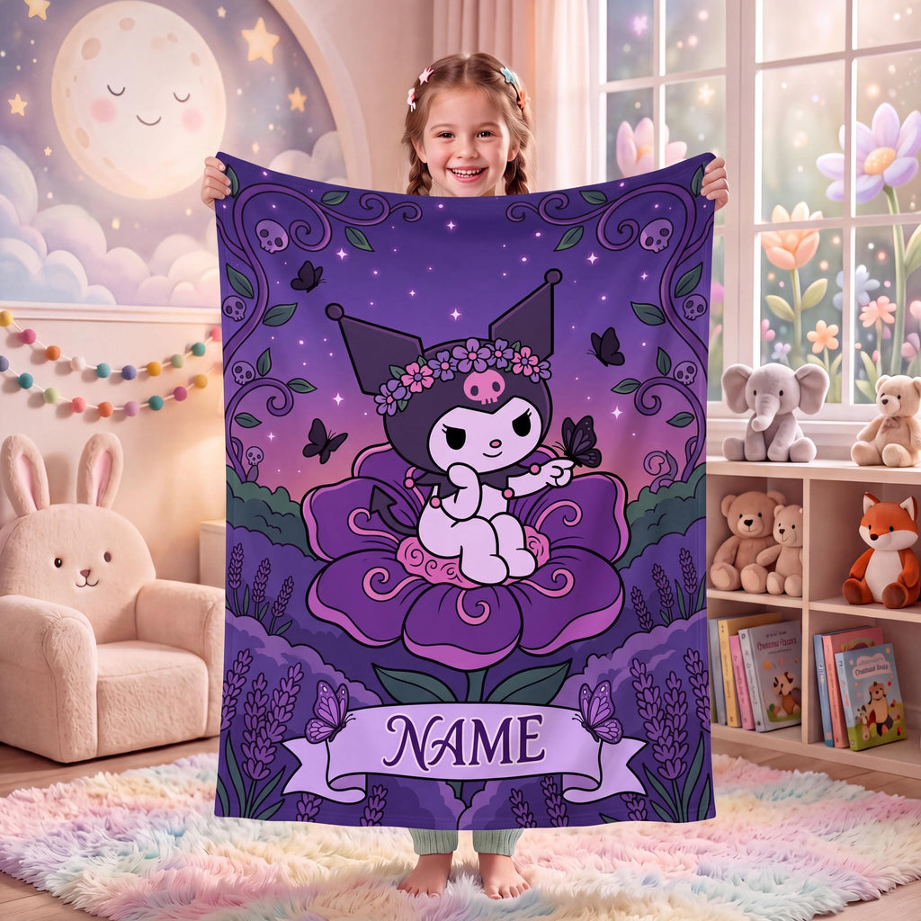 Personalized Kuromi Fairy Blanket, Custom Blossom Floral Throw, Cute Anime Bedding, Soft Flannel Fleece, Birthday Gift for Teen Girls