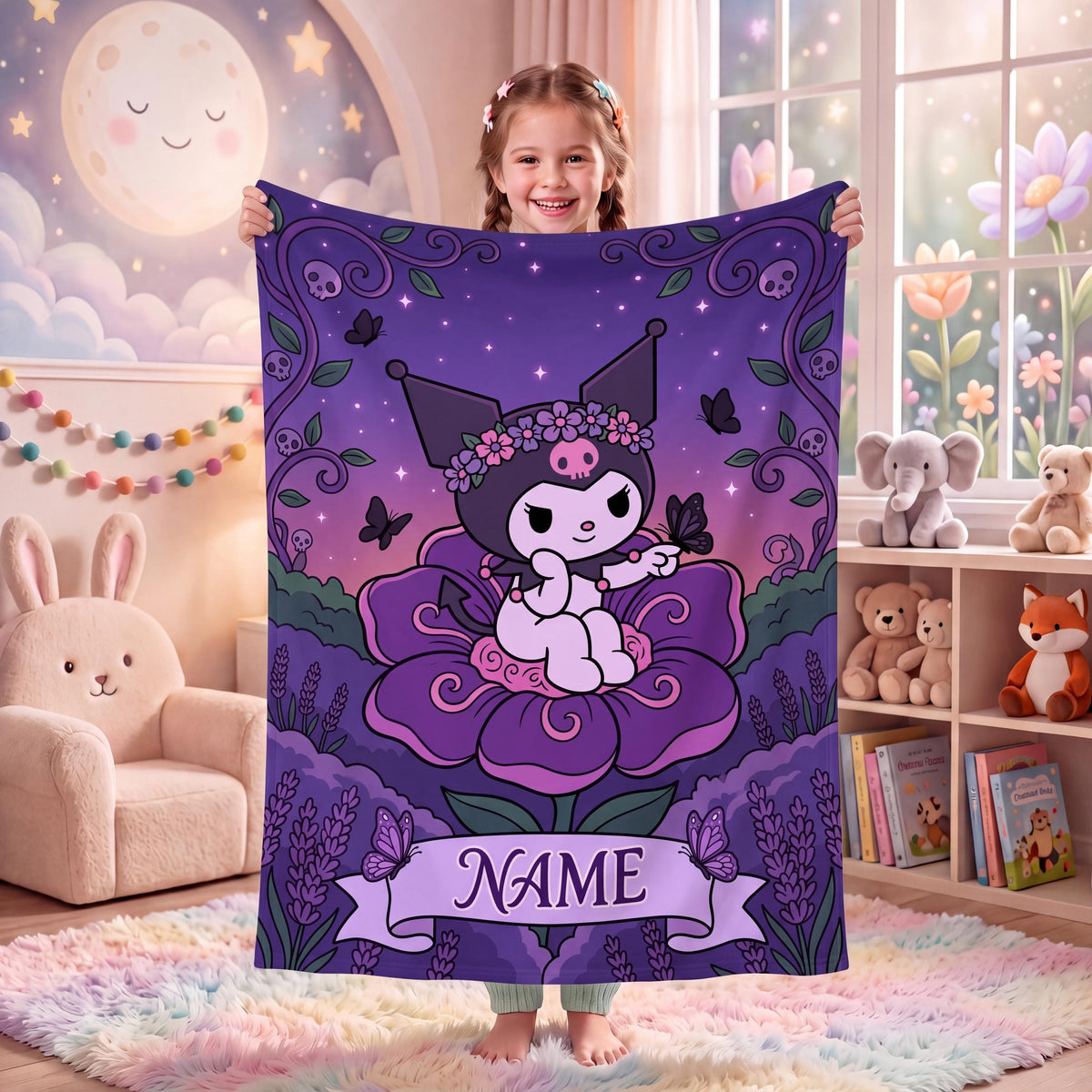 Personalized Kuromi Fairy Blanket, Custom Blossom Floral Throw, Cute Anime Bedding, Soft Flannel Fleece, Birthday Gift for Teen Girls