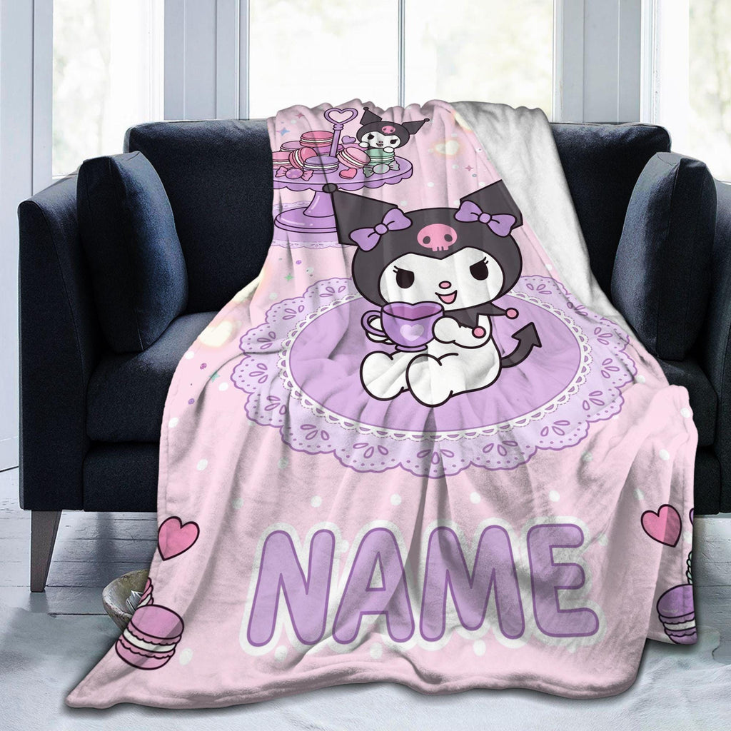 Personalized Kuromi Teatime Blanket, Custom Macaron Pastel Throw, Cute Kawaii Bedding, Soft Flannel Fleece, Birthday Gift for Teen Girls