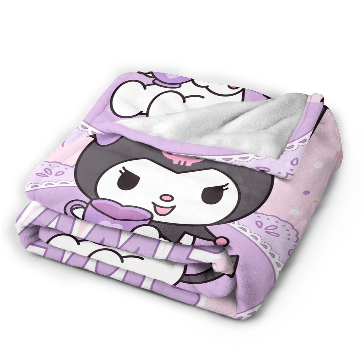 Personalized Kuromi Teatime Blanket, Custom Macaron Pastel Throw, Cute Kawaii Bedding, Soft Flannel Fleece, Birthday Gift for Teen Girls