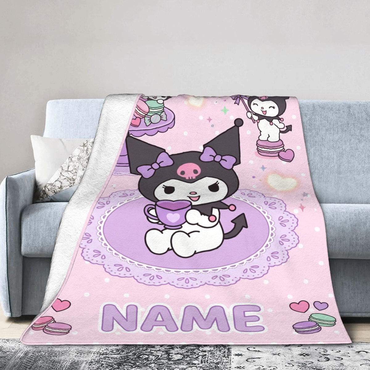 Personalized Kuromi Teatime Blanket, Custom Macaron Pastel Throw, Cute Kawaii Bedding, Soft Flannel Fleece, Birthday Gift for Teen Girls