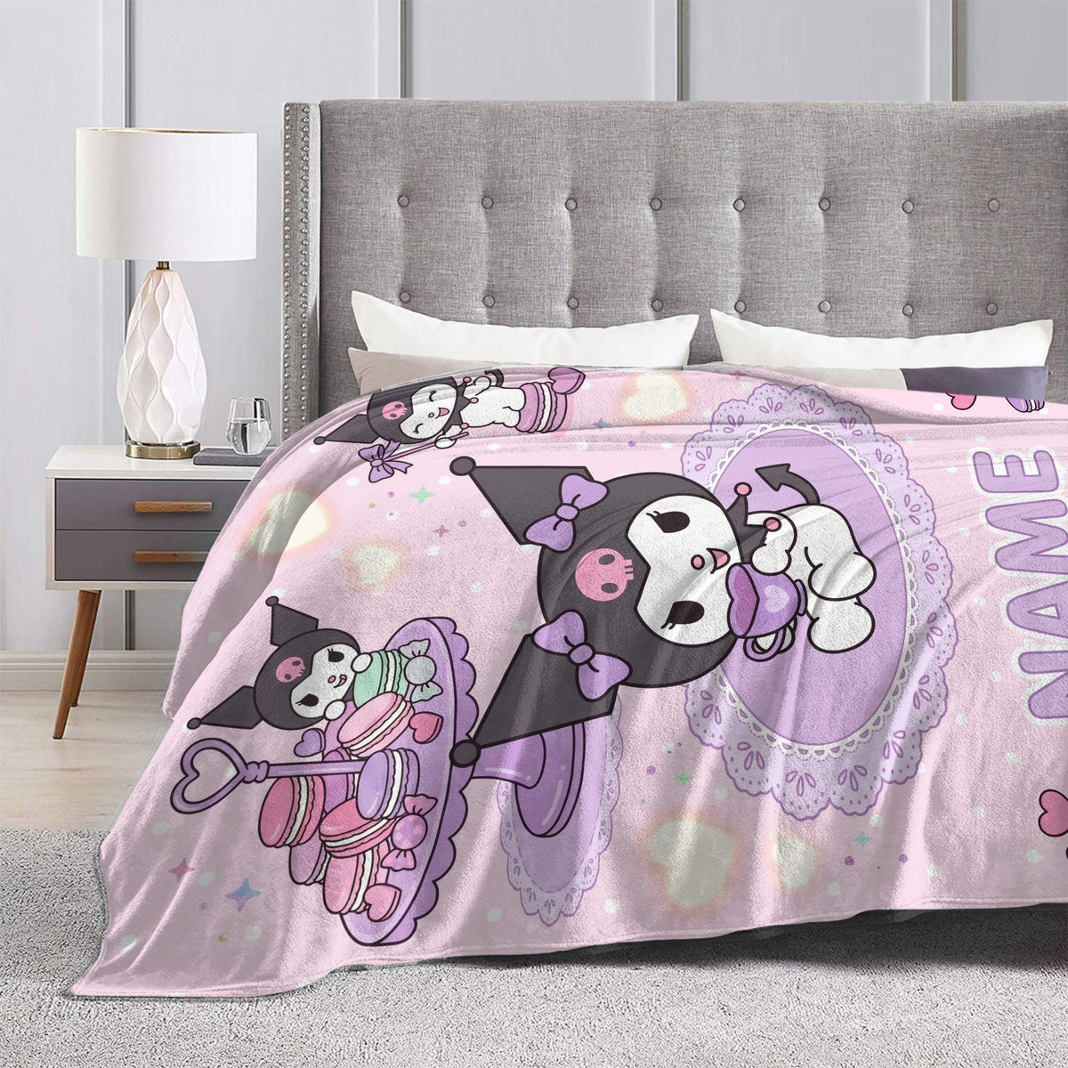 Personalized Kuromi Teatime Blanket, Custom Macaron Pastel Throw, Cute Kawaii Bedding, Soft Flannel Fleece, Birthday Gift for Teen Girls
