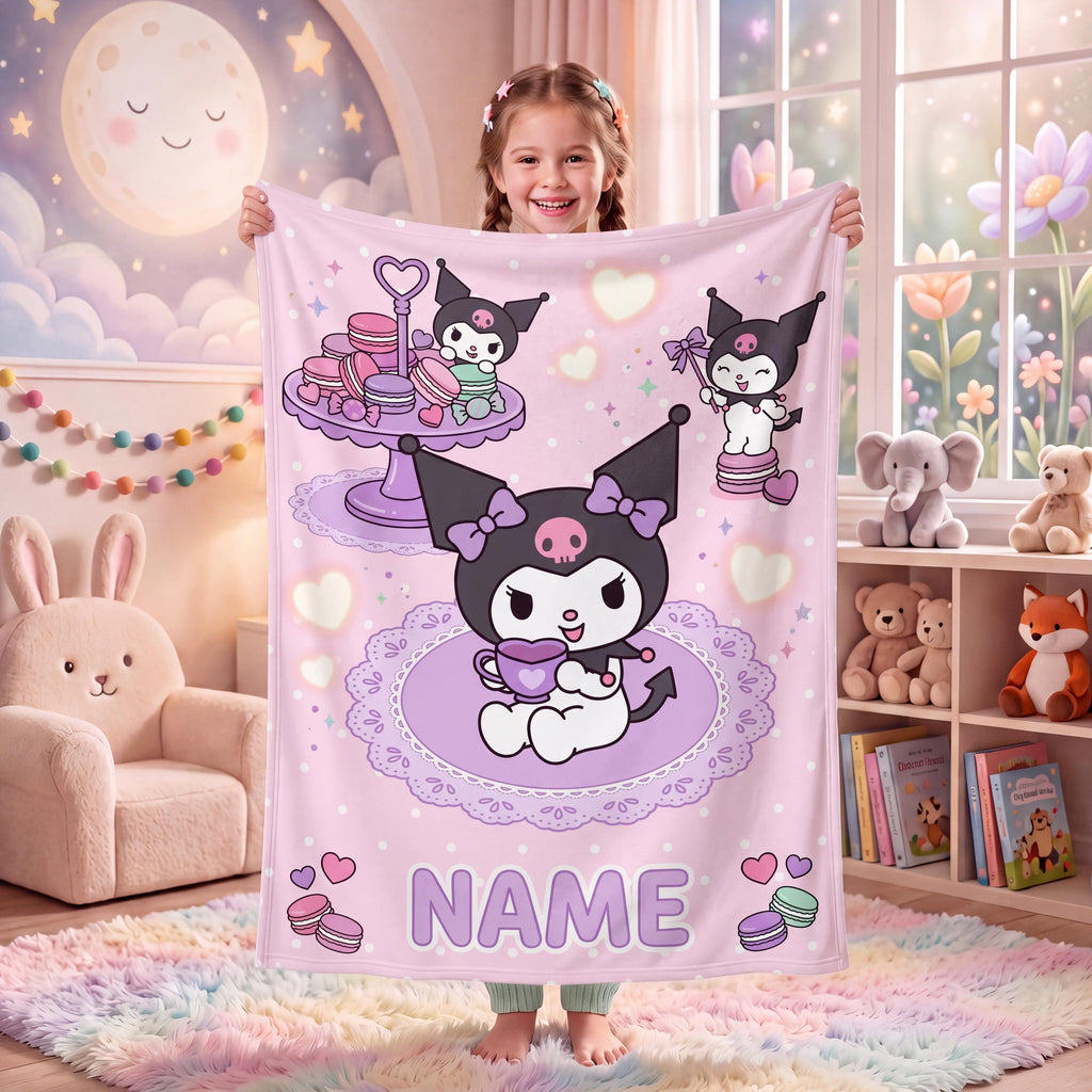 Personalized Kuromi Teatime Blanket, Custom Macaron Pastel Throw, Cute Kawaii Bedding, Soft Flannel Fleece, Birthday Gift for Teen Girls