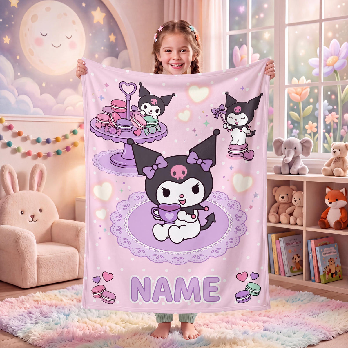 Personalized Kuromi Teatime Blanket, Custom Macaron Pastel Throw, Cute Kawaii Bedding, Soft Flannel Fleece, Birthday Gift for Teen Girls