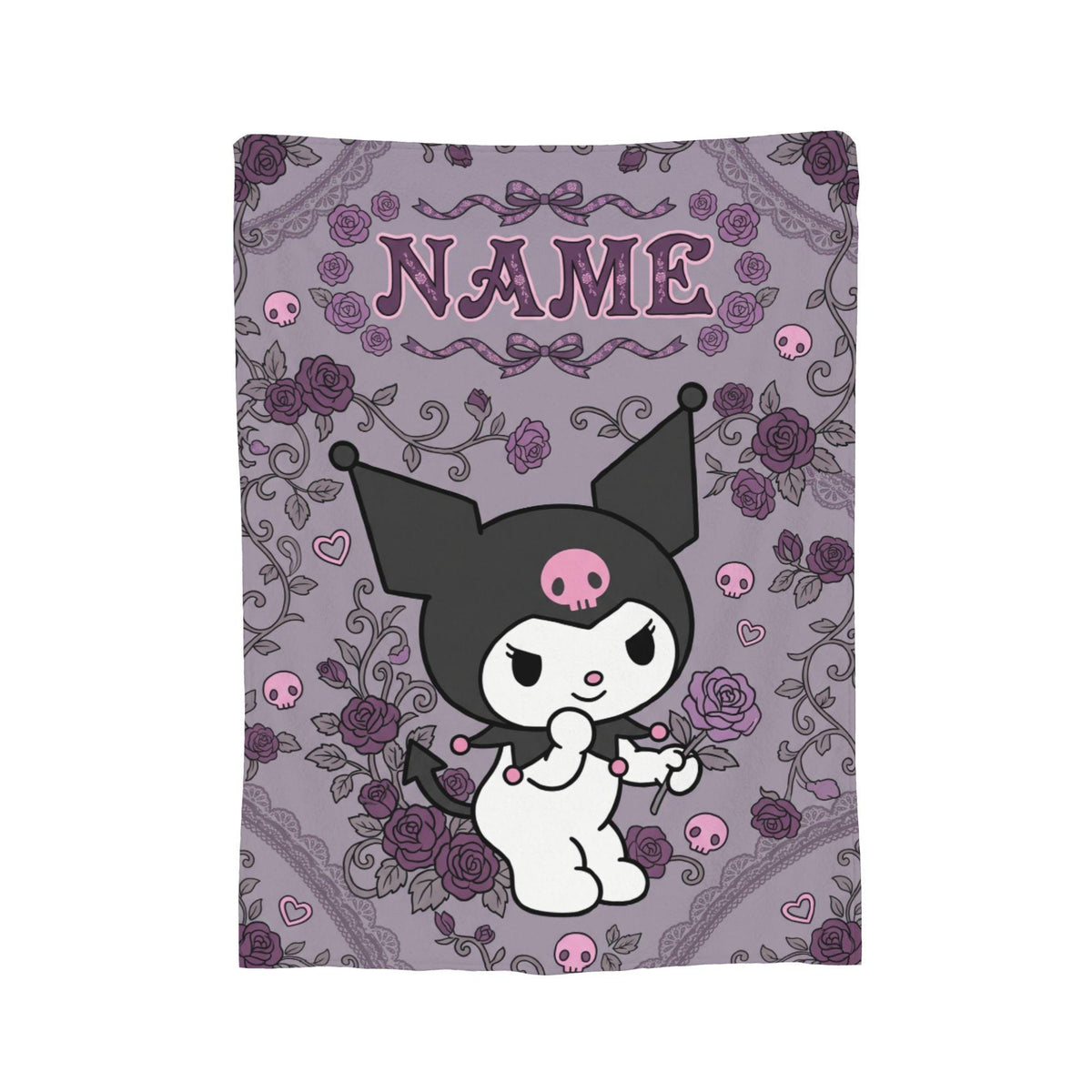 Personalized Kuromi Gothic Rose Blanket, Custom Velvet Floral Anime Throw, Kawaii Bedding, Soft Flannel Fleece, Birthday Gift for Teen Girls