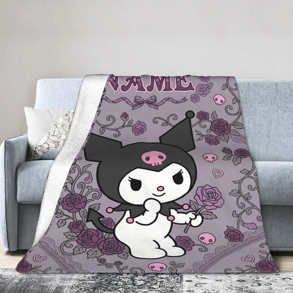 Personalized Kuromi Gothic Rose Blanket, Custom Velvet Floral Anime Throw, Kawaii Bedding, Soft Flannel Fleece, Birthday Gift for Teen Girls