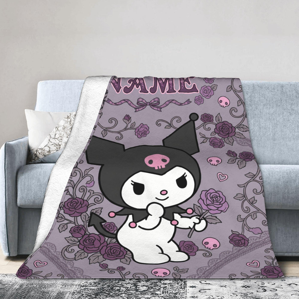 Personalized Kuromi Gothic Rose Blanket, Custom Velvet Floral Anime Throw, Kawaii Bedding, Soft Flannel Fleece, Birthday Gift for Teen Girls