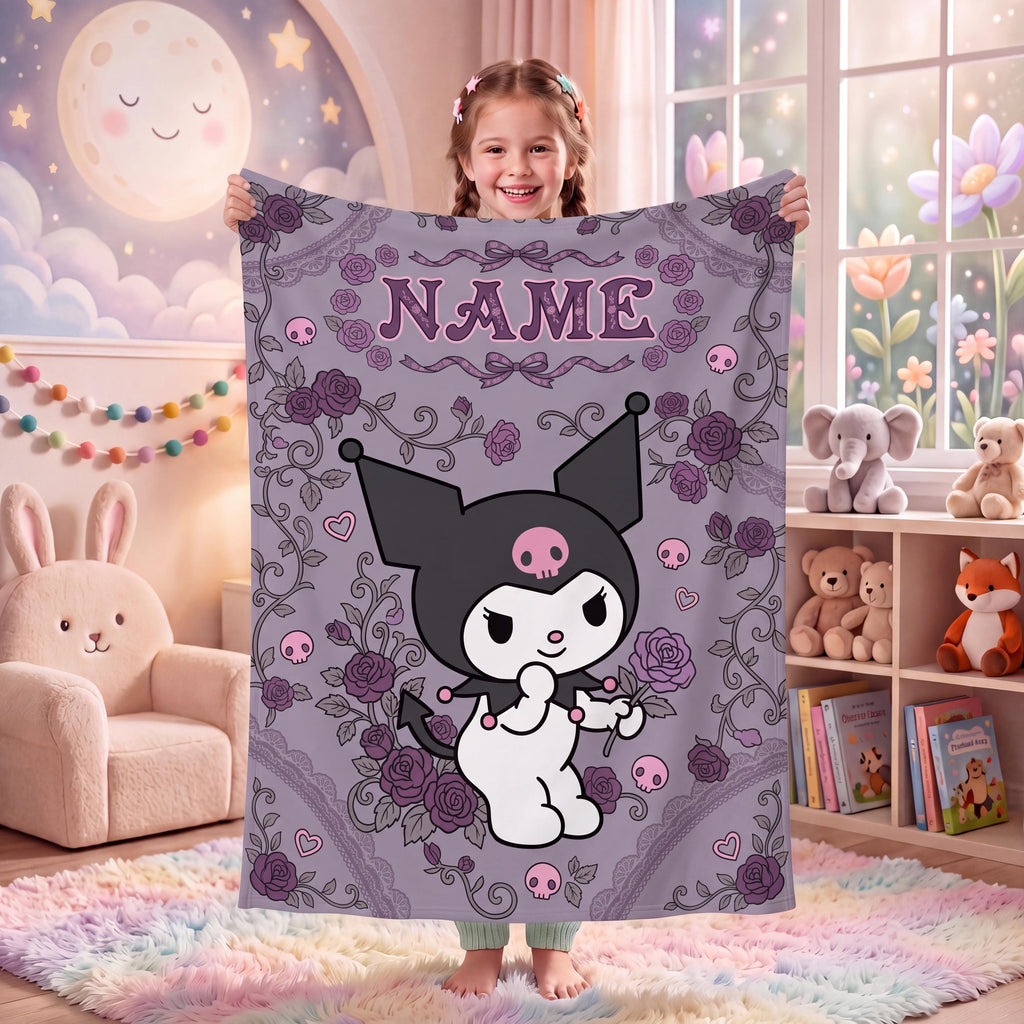 Personalized Kuromi Gothic Rose Blanket, Custom Velvet Floral Anime Throw, Kawaii Bedding, Soft Flannel Fleece, Birthday Gift for Teen Girls