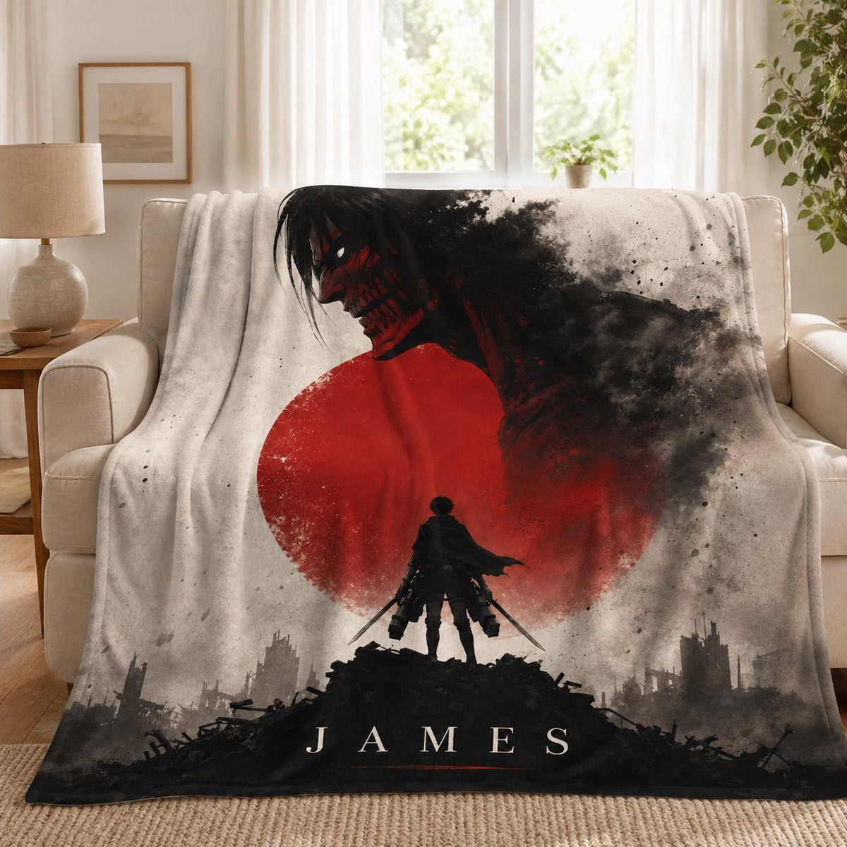 Personalized AOT SNK Blanket with Name, Custom Anime Flannel Throw for Couch Bed, Epic Manga Otaku Room Decor, Gift for Japanese Anime Fan