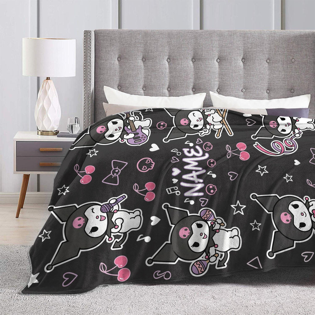 Personalized Kuromi Rock Star Blanket, Custom Punk Anime Throw, Kawaii Gothic Bedding, Soft Flannel Fleece, Birthday Gift for Teen Girls