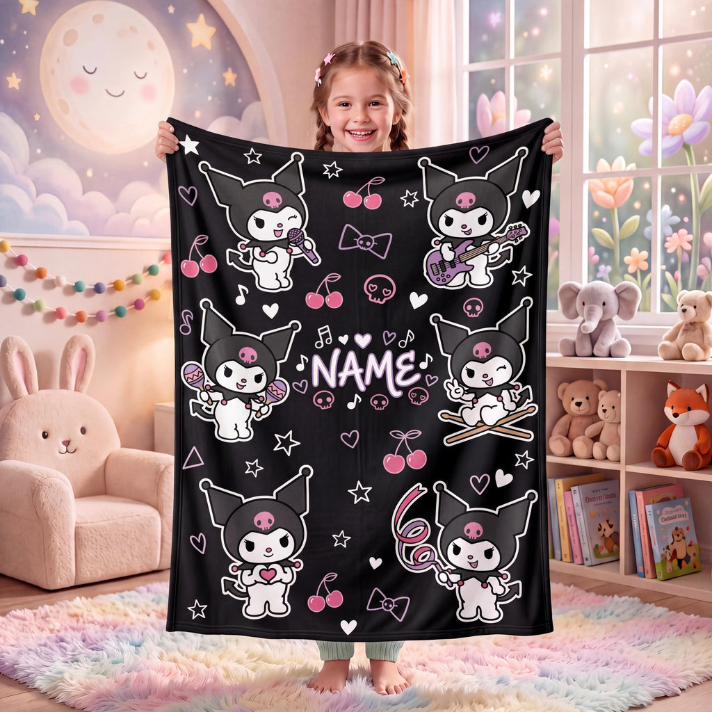 Personalized Kuromi Rock Star Blanket, Custom Punk Anime Throw, Kawaii Gothic Bedding, Soft Flannel Fleece, Birthday Gift for Teen Girls