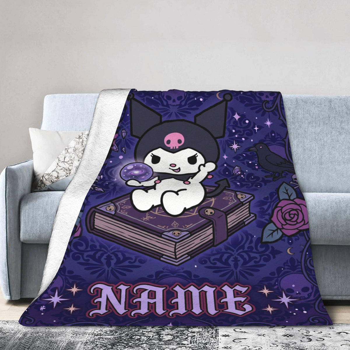 Personalized Kuromi Spellbook Blanket, Custom Magic Fantasy Throw, Gothic Kawaii Bedding, Soft Flannel Fleece, Birthday Gift for Teen Girls