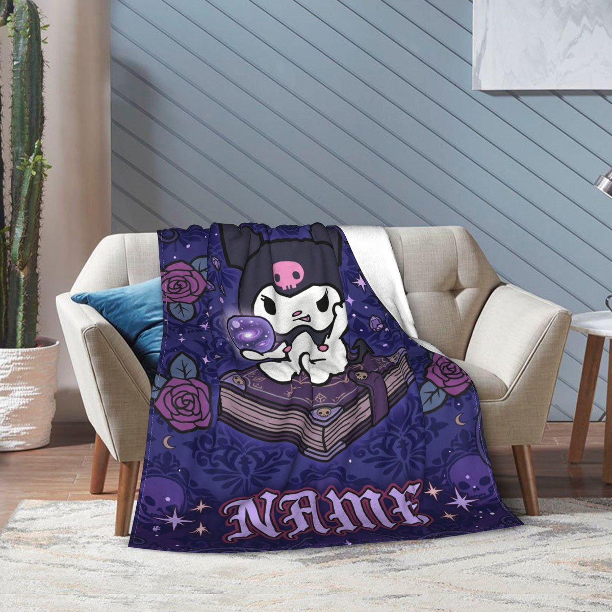 Personalized Kuromi Spellbook Blanket, Custom Magic Fantasy Throw, Gothic Kawaii Bedding, Soft Flannel Fleece, Birthday Gift for Teen Girls