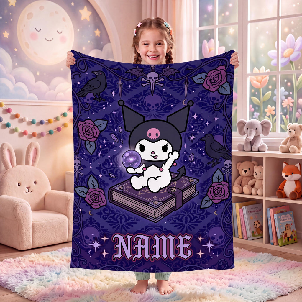 Personalized Kuromi Spellbook Blanket, Custom Magic Fantasy Throw, Gothic Kawaii Bedding, Soft Flannel Fleece, Birthday Gift for Teen Girls