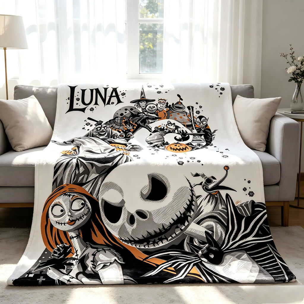 Personalized Halloween Town Blanket Custom Name Spooky Throw Jack Skellington Gift Gothic Decor Cozy Bedding Christmas Couple Present