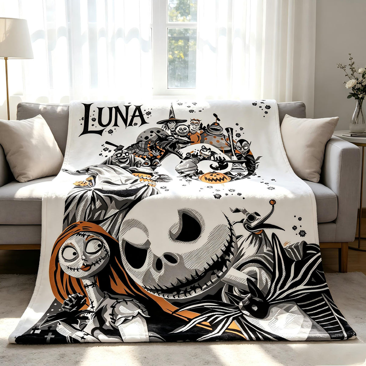 Personalized Halloween Town Blanket Custom Name Spooky Throw Jack Skellington Gift Gothic Decor Cozy Bedding Christmas Couple Present